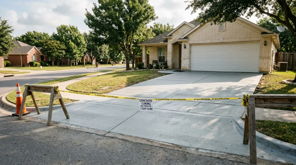 Fresh concrete driveway in Denton TX with caution tape barrier showing 24-hour no-traffic curing window