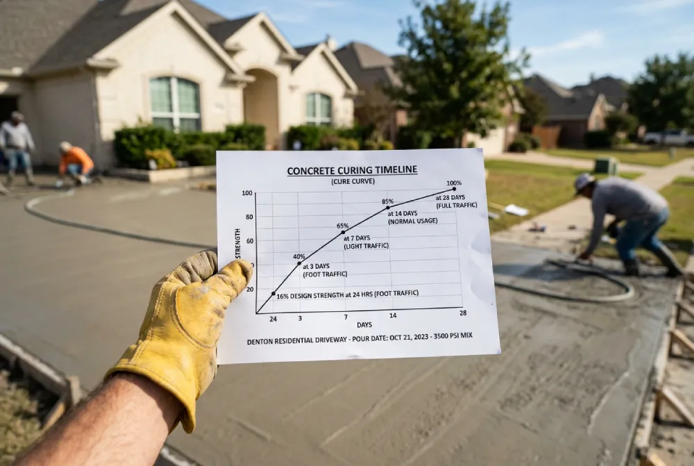 Day-by-day concrete cure timeline showing strength progression from 24 hours to 28 days for a Denton residential driveway