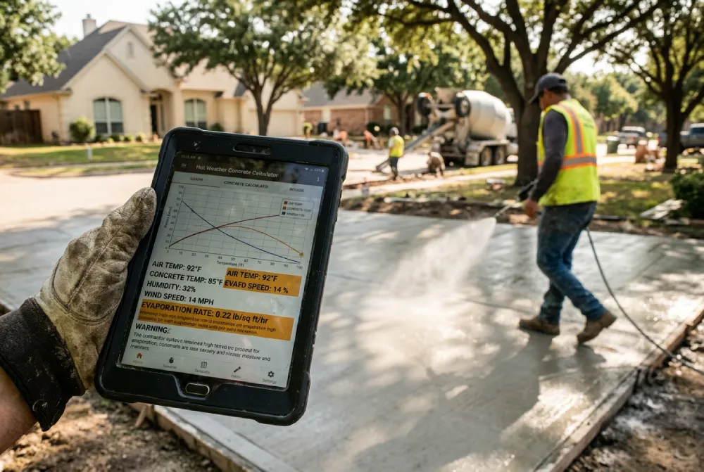 ACI 305 evaporation rate calculator and curing compound spray application on a Denton TX summer concrete pour