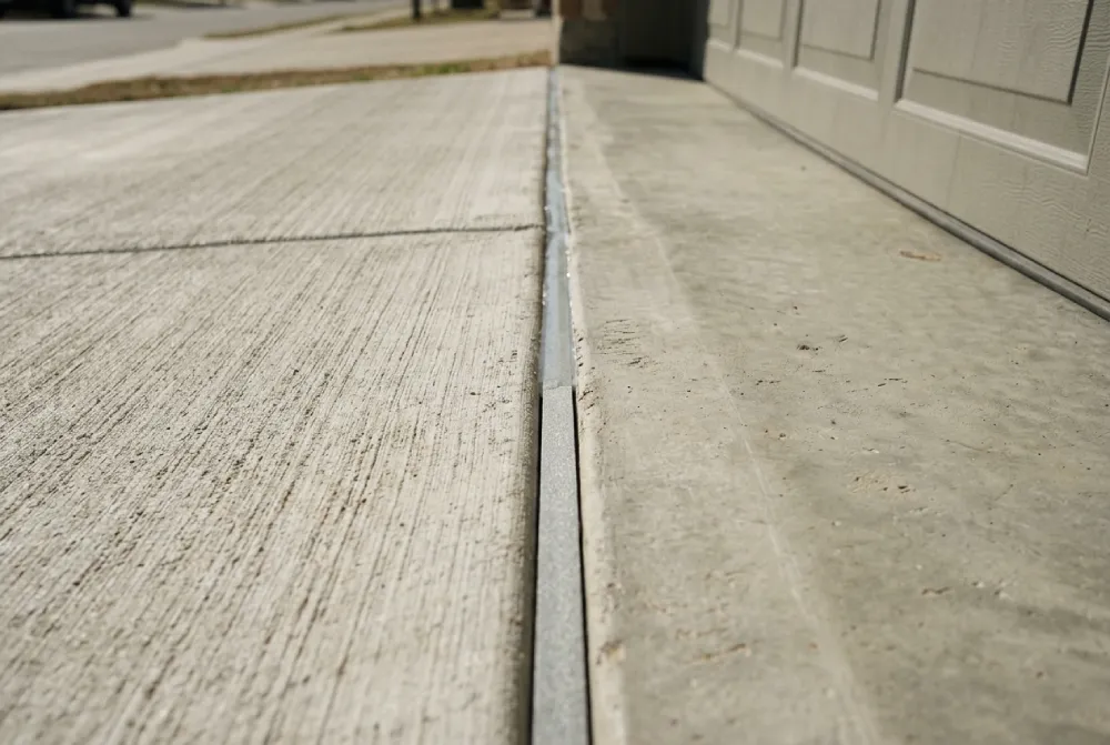 Expansion joint with closed-cell foam filler at garage slab interface on a Denton TX residential concrete driveway