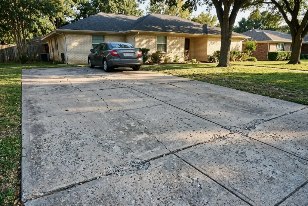 Failed concrete driveway in Denton TX showing surface scaling, mid-panel cracks, and edge spalling from corner-cutting installation