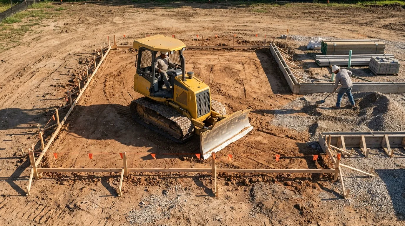 Site preparation crew grading a residential foundation pad in Denton TX