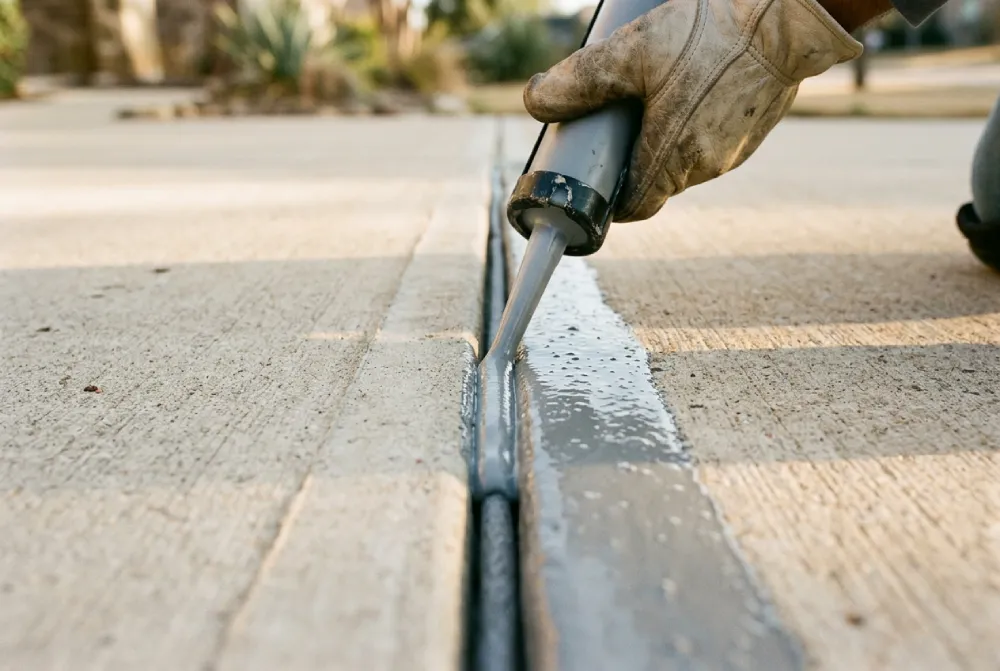 Self-leveling polyurethane joint sealant being applied over backer rod in a Denton concrete driveway control joint