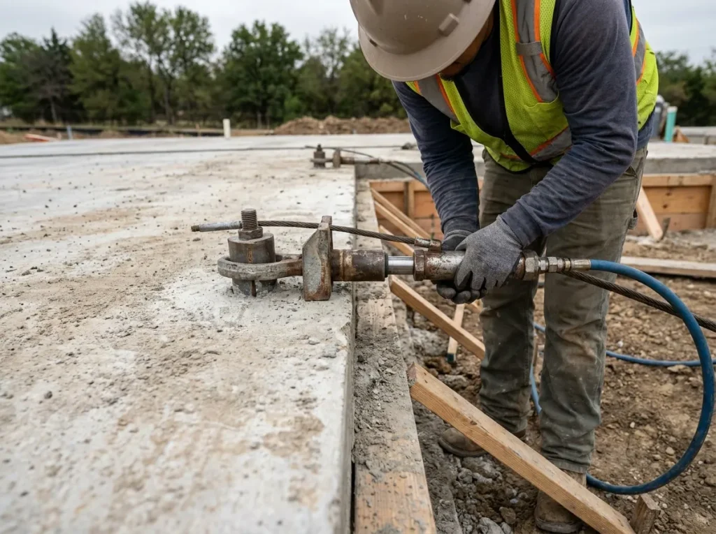 Post-tension tendon anchor and hydraulic ram on a Denton residential slab foundation
