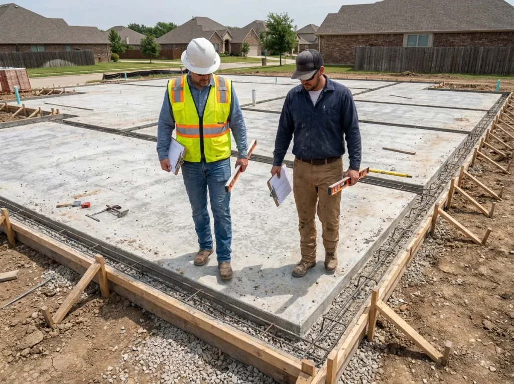 Pre-pour walkthrough between foundation superintendent and plumber on a Denton residential slab