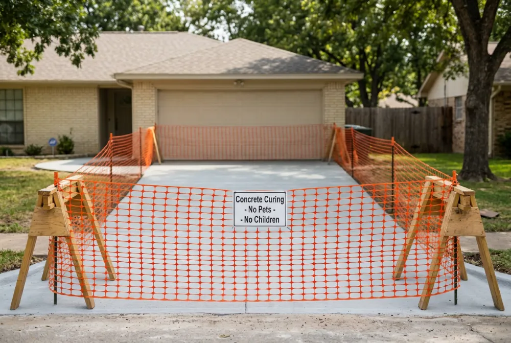 Temporary protective barrier with sawhorses and mesh around fresh concrete driveway preventing pet and child traffic in Denton TX