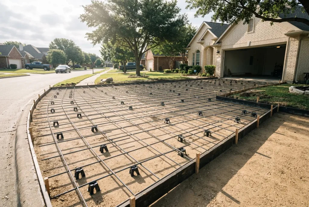 Properly reinforced concrete driveway with rebar grid on chairs over conditioned subgrade in Denton TX before the pour