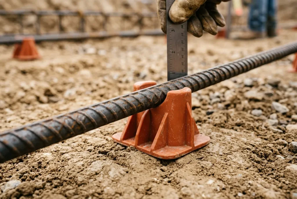 Close-up of #4 rebar elevated on plastic chairs before concrete pour showing proper mid-slab placement for Denton driveways