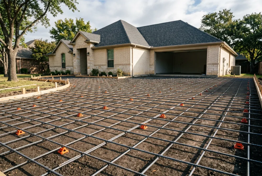 Five-inch residential concrete driveway slab with #4 rebar grid at 16 inches on center ready for pour in Denton TX