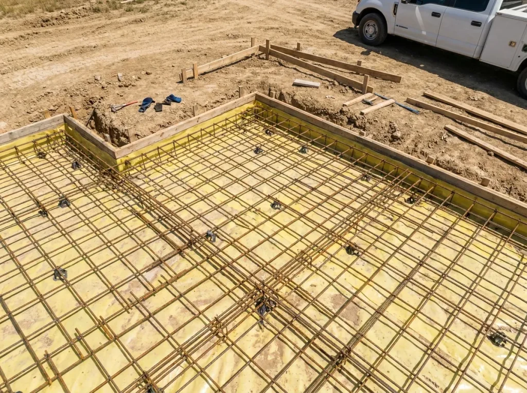 Rebar grid installed on chairs over vapor barrier on a Denton residential foundation