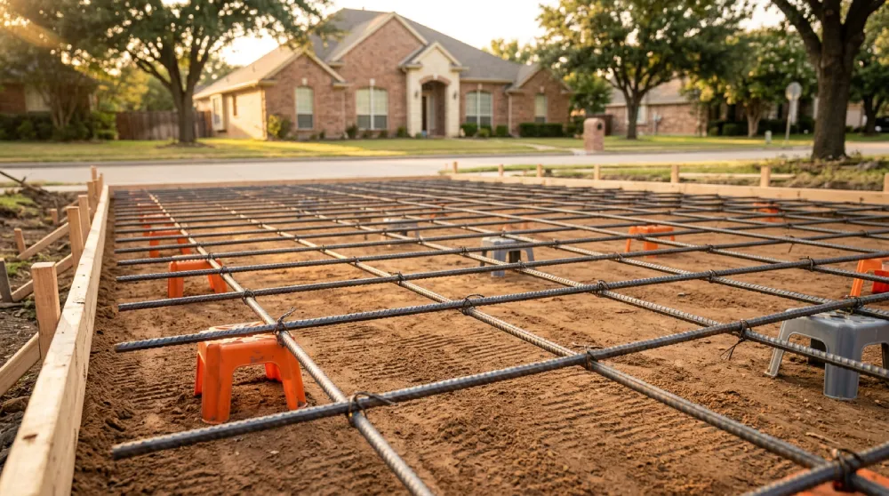 Concrete driveway reinforcement comparison showing #4 rebar grid elevated on chairs before a residential pour in Denton TX