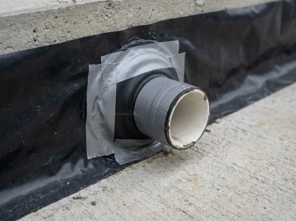 Sleeved plumbing penetration with boot flashing on a Denton foundation vapor barrier