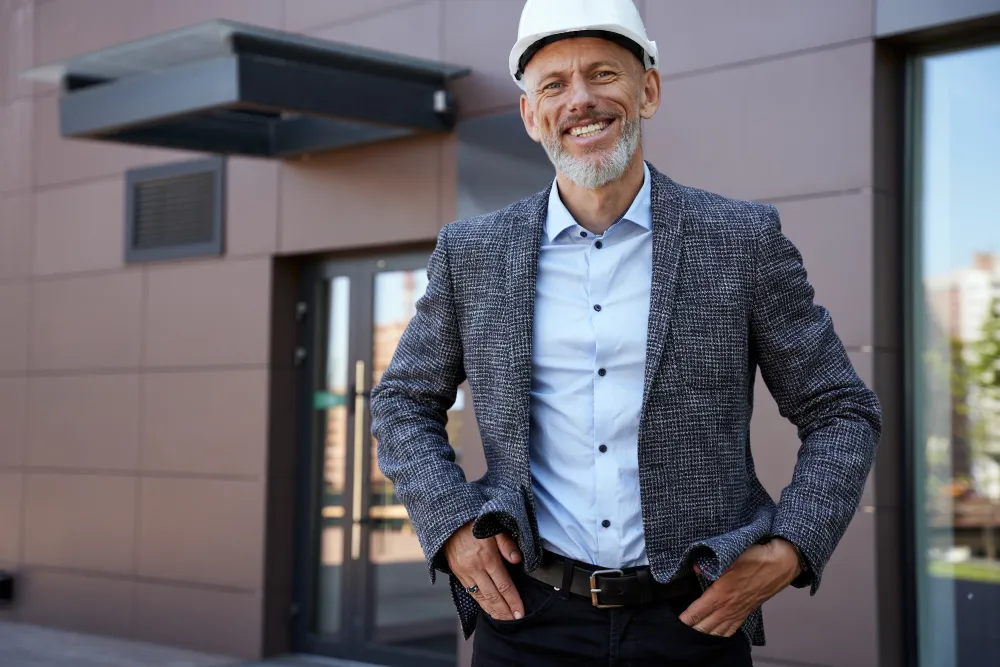 smiling architect wearing hard hat outside buildin 2026 01 08 22 27 52 utc