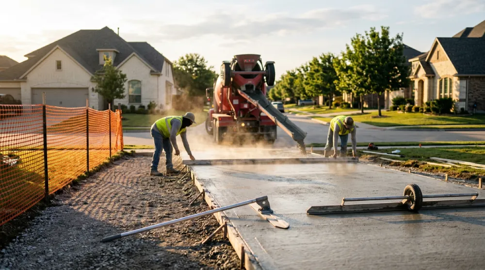 Early-morning summer concrete driveway pour in Denton TX with fog spray and wind screen protection