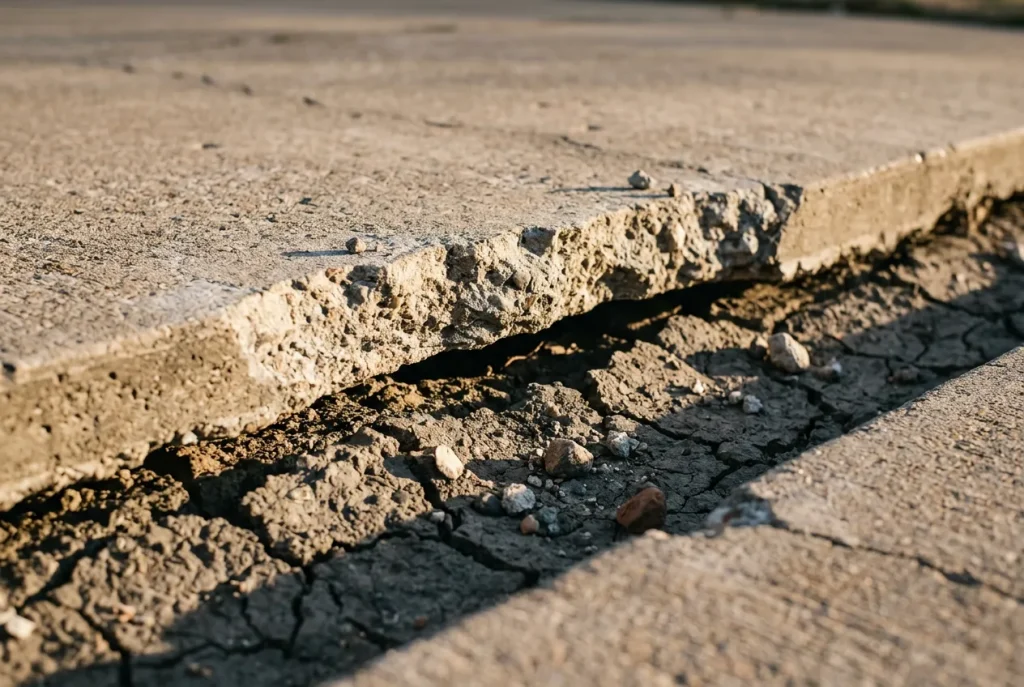 Cross section of a thin unreinforced concrete driveway slab failing over North Texas clay soil