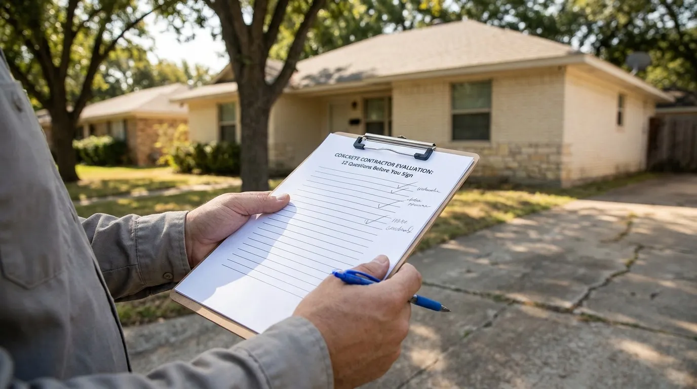 Homeowner reviewing a concrete contractor evaluation checklist with 12 questions at a Denton TX property