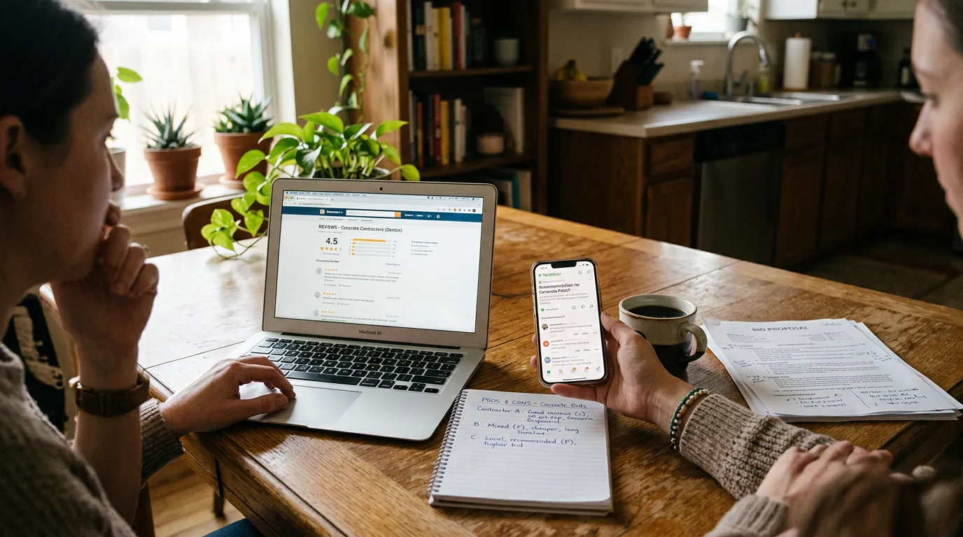 Homeowner comparing concrete driveway contractor reviews across platforms on a laptop in Denton TX