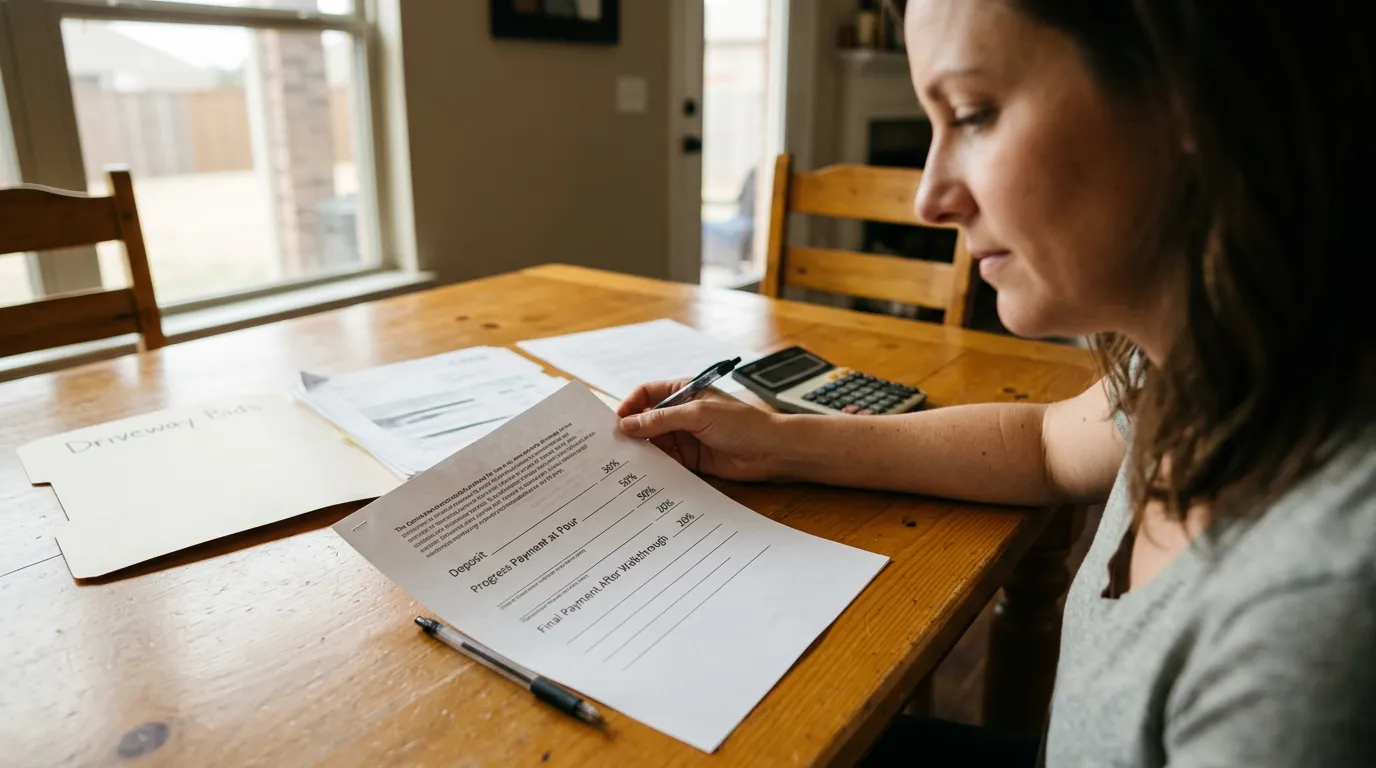 Homeowner and contractor reviewing a concrete driveway deposit and payment schedule on a contract in Denton TX