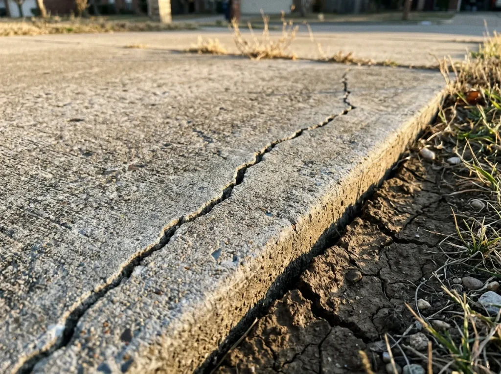 Concrete driveway crack in Denton TX illustrating the line between workmanship defect and clay soil movement