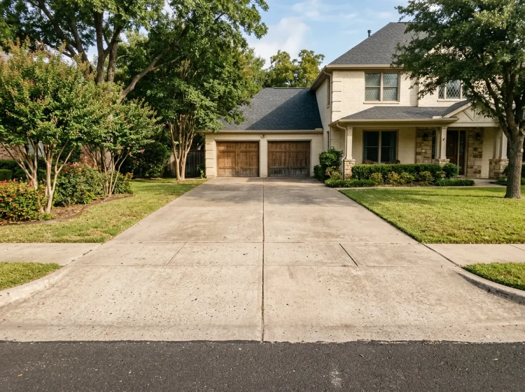 Homeowner inspecting an aged concrete driveway in Denton TX while checking a contractor reference