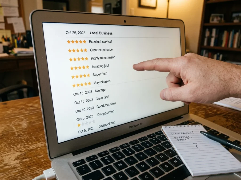 Close-up of review patterns on a screen illustrating how to spot fake concrete contractor reviews