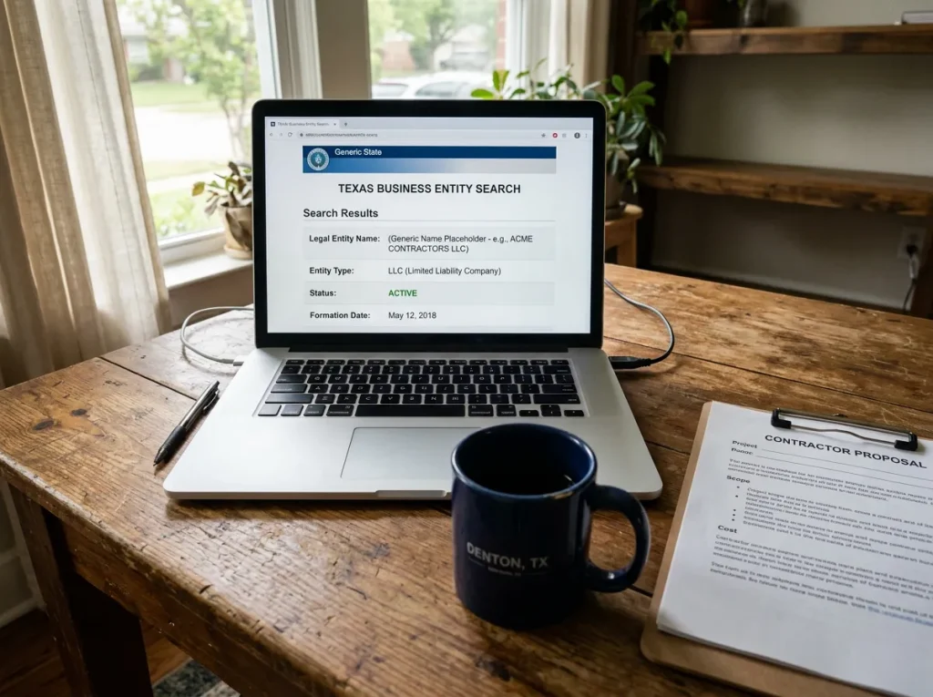 Texas business entity registration search on a laptop used to verify a concrete contractor in Denton TX