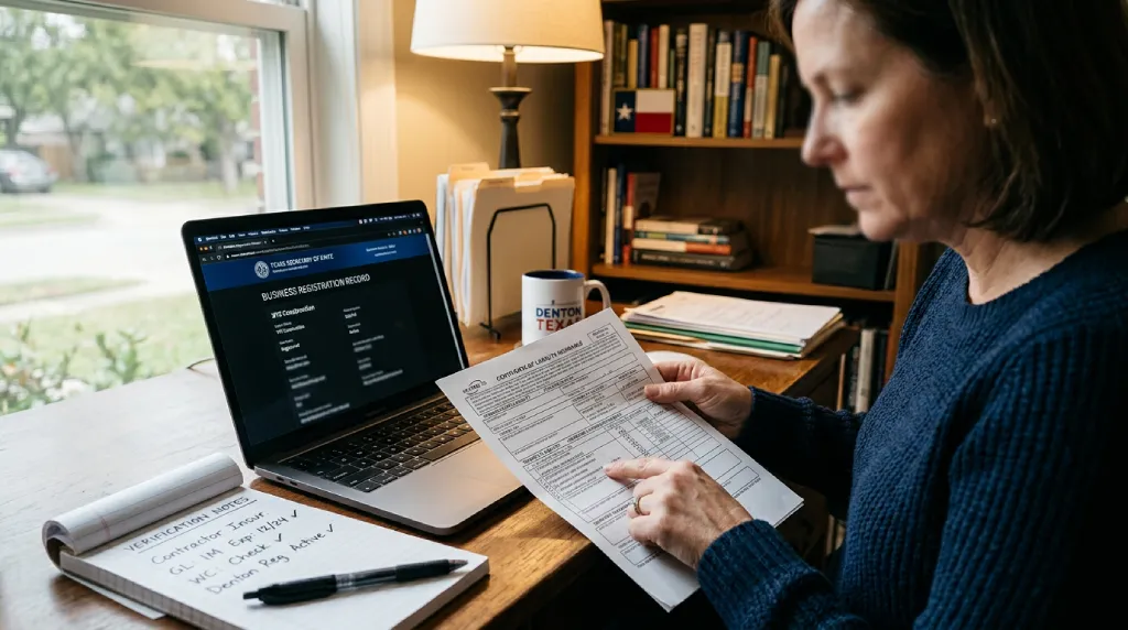 Homeowner verifying a concrete contractor's certificate of insurance and business registration in Denton TX
