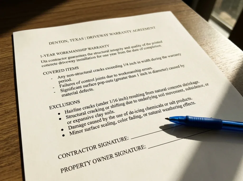 Close-up of written concrete driveway warranty terms showing duration, coverage, and exclusions for a Texas project