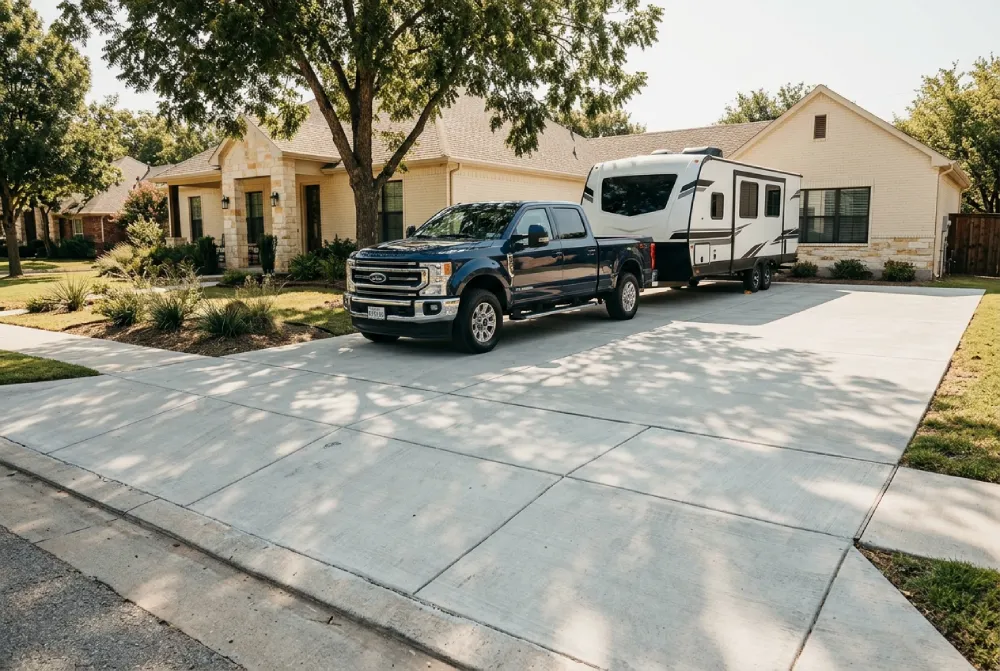Six-inch concrete driveway pad in Denton TX showing properly poured slab supporting a full-size pickup and travel trailer