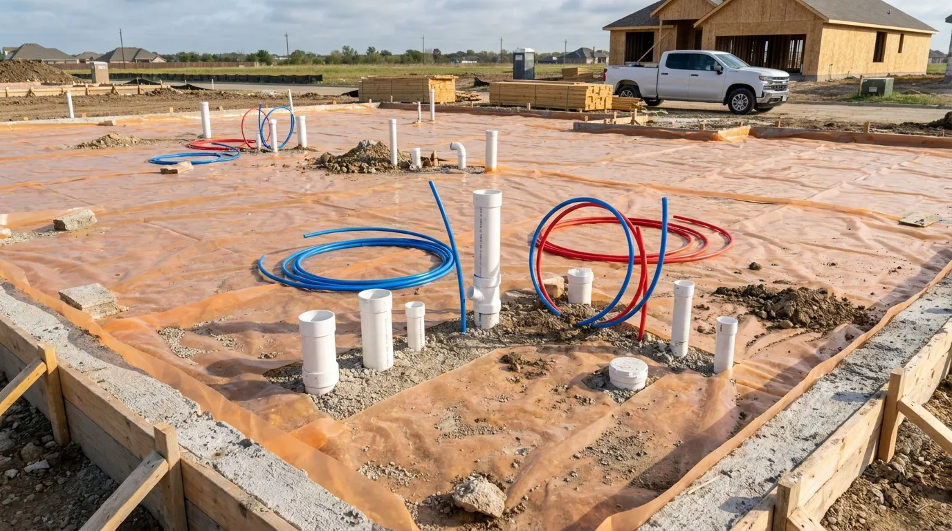 Under-slab plumbing rough-in on a Denton residential foundation Location: Featured