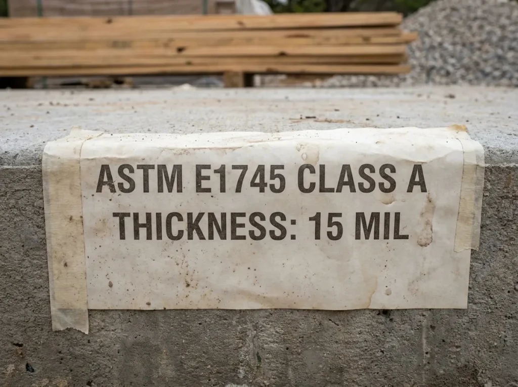 ASTM E1745 Class A vapor barrier product label on a Denton foundation project