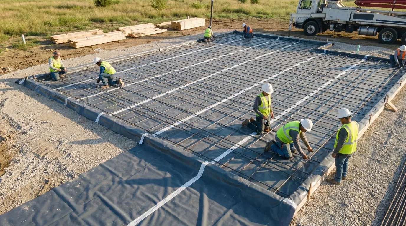 Reinforced polyethylene vapor barrier installed over aggregate base on a Denton residential foundation