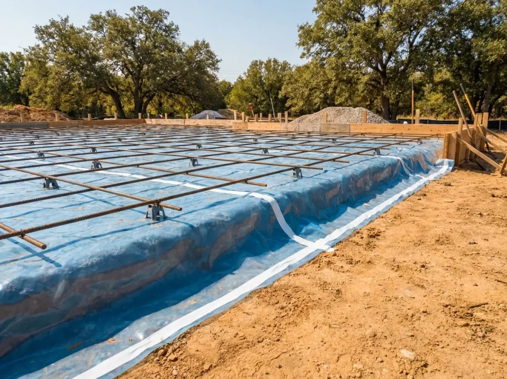 Vapor barrier and rebar grid installed over compacted base on a Denton residential foundation