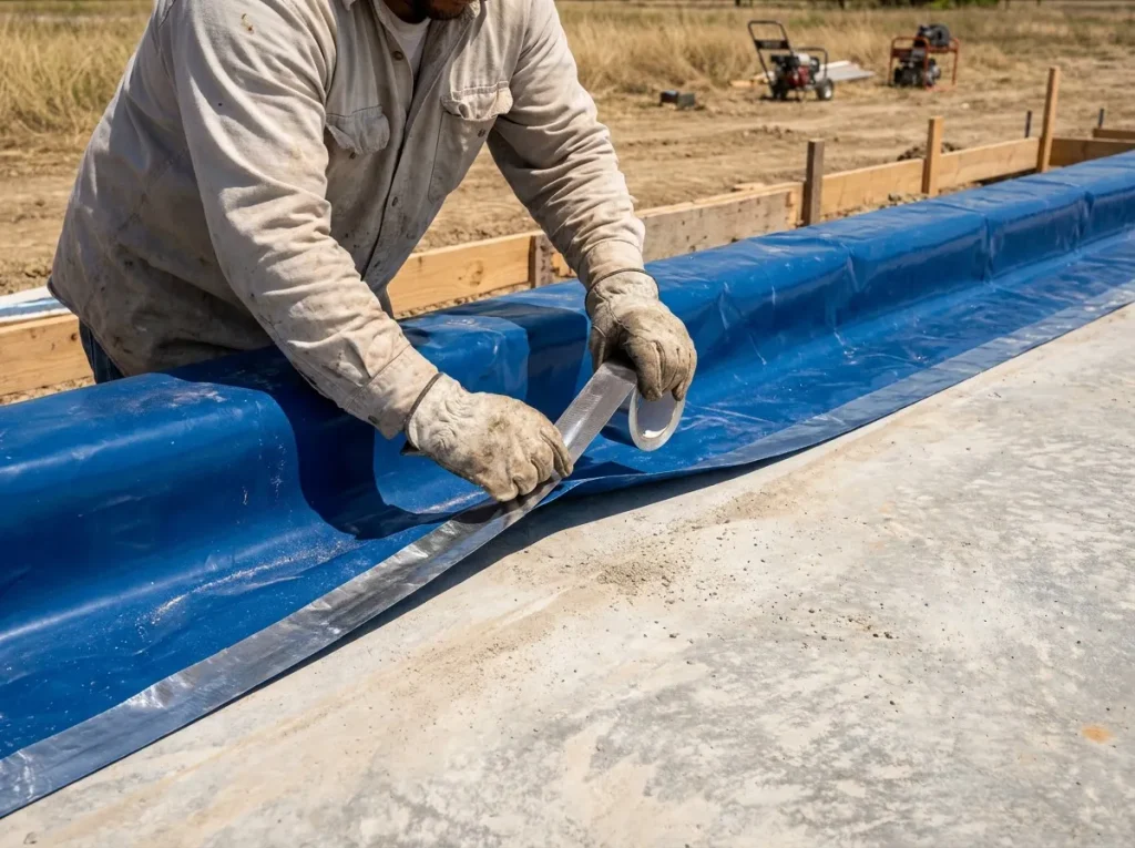 Taping a vapor barrier seam during foundation installation in Denton TX
