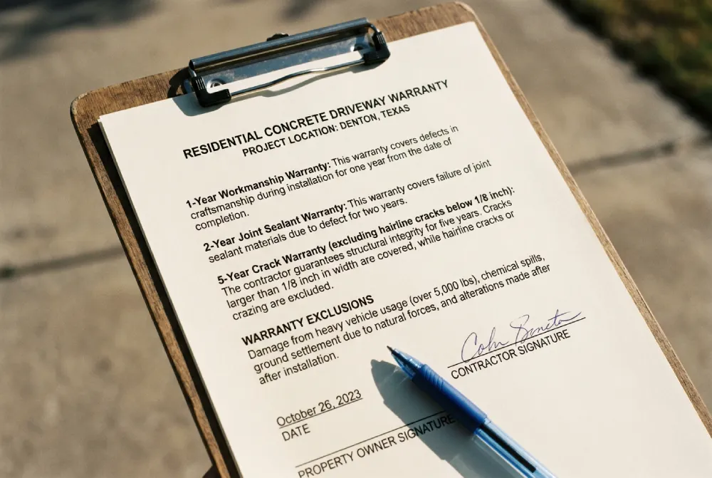 Detailed written concrete driveway warranty document specifying coverage terms, duration, and exclusions for a Denton TX project