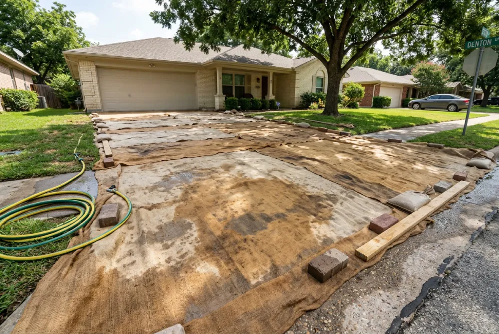 Wet burlap curing blankets covering a fresh concrete driveway slab in Denton TX during 7-day moist cure period
