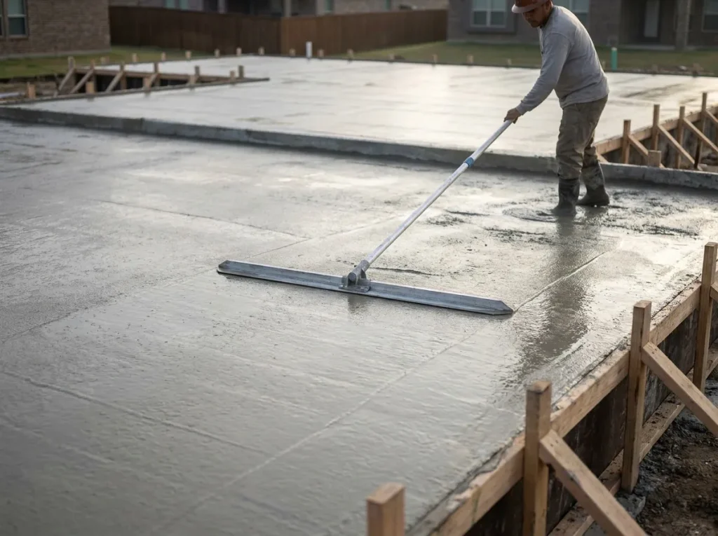 Worker bull floating a freshly screeded concrete slab on a Denton residential foundation