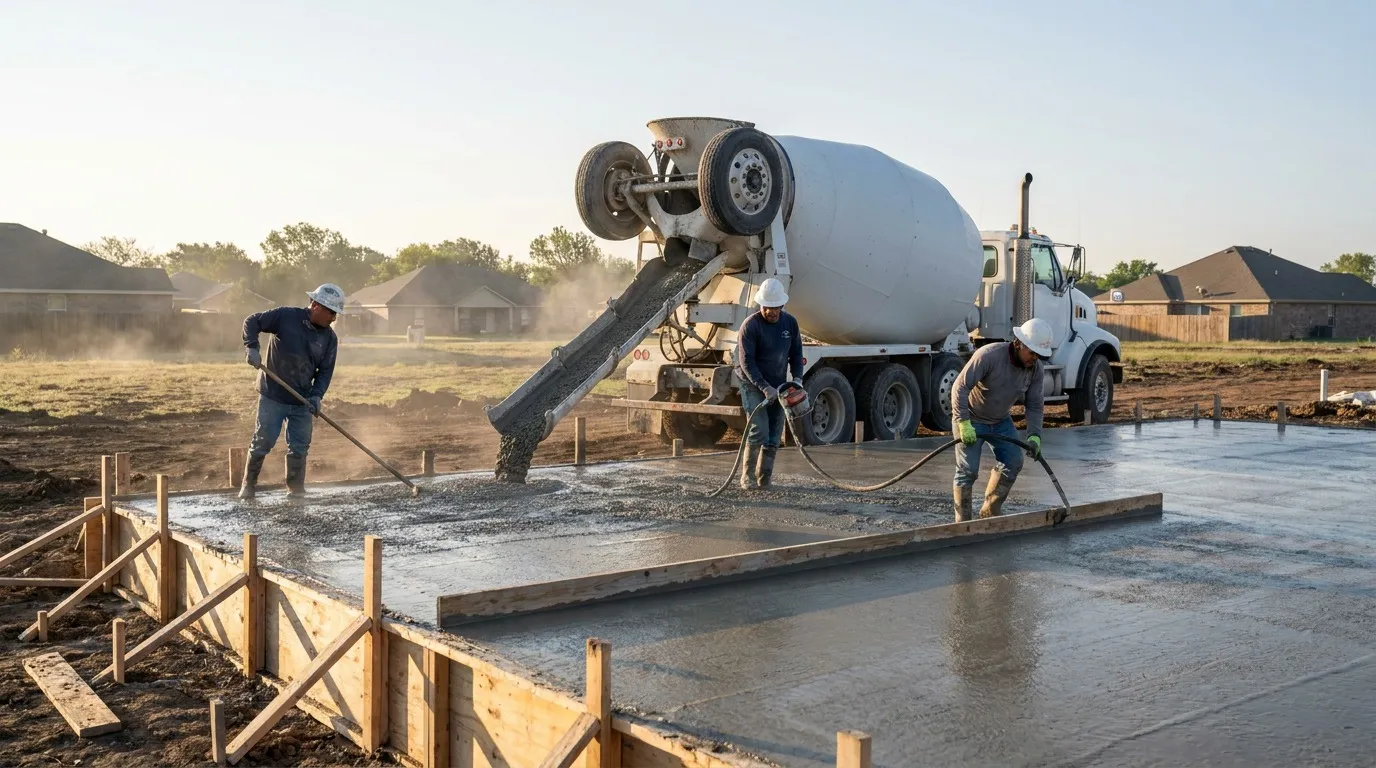 Crew placing and screeding concrete on a residential foundation slab on pour day in Denton TX