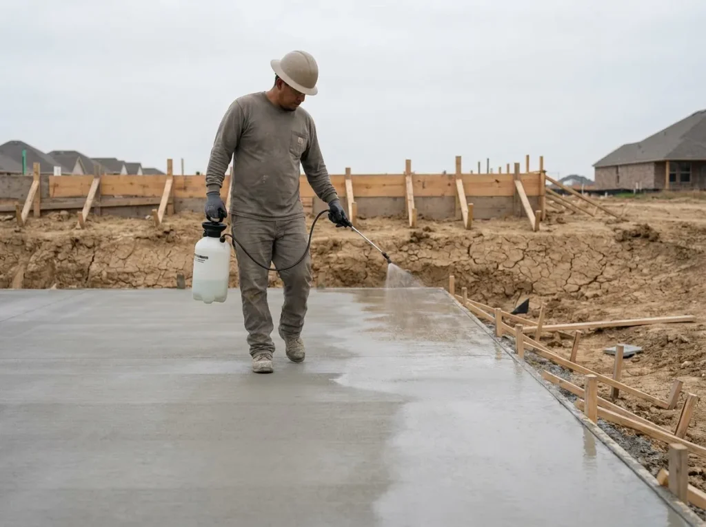 Worker spraying curing compound onto a fresh concrete foundation slab in Denton