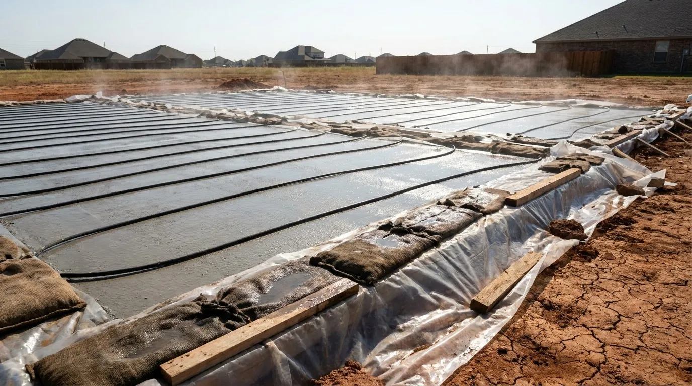 New foundation slab being moisture cured under wet coverings in the North Texas heat in Denton