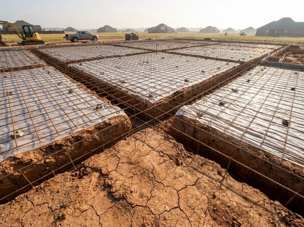 Stiffened engineered slab with deep grade beams built for expansive clay in Denton County
