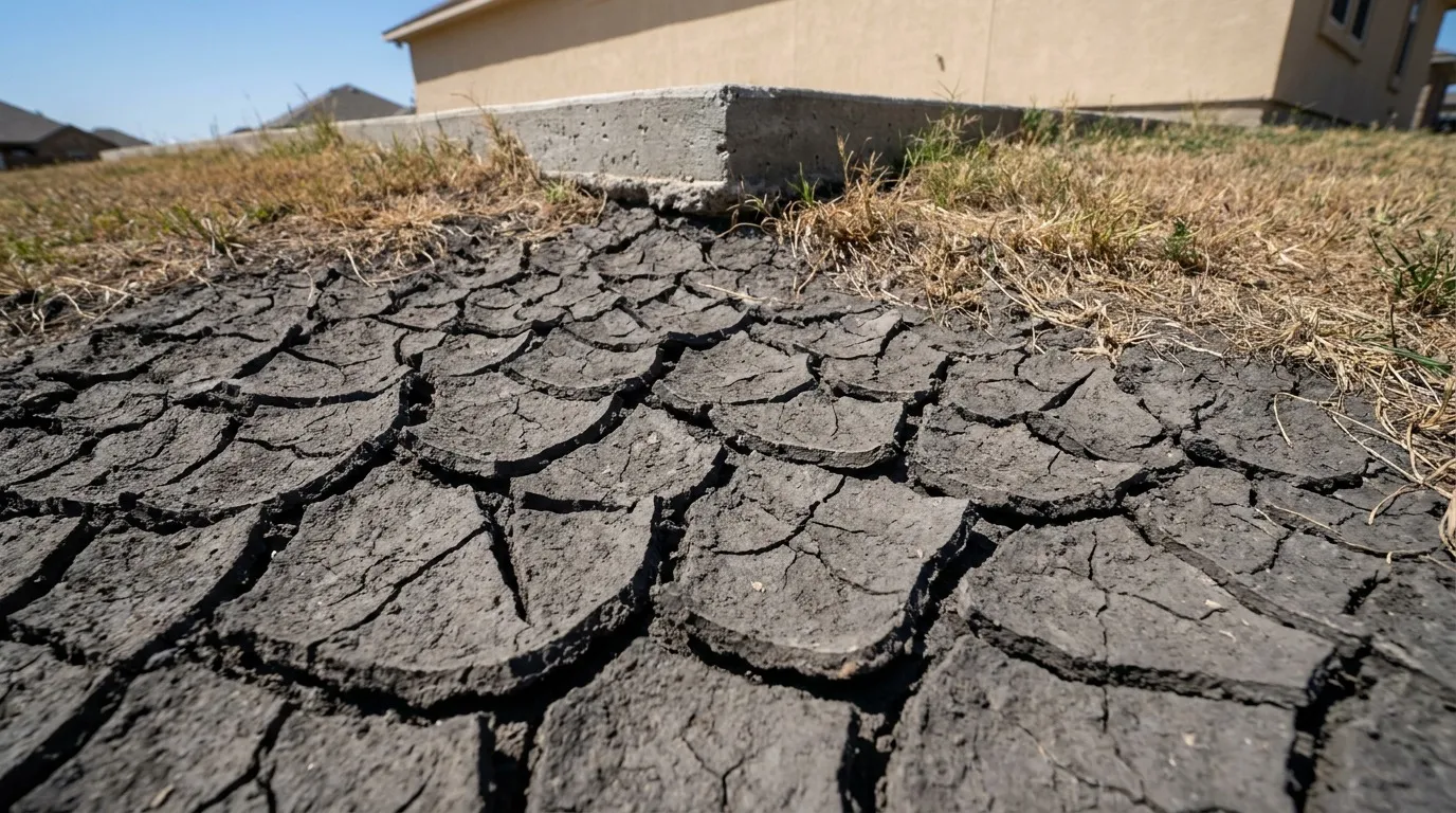 Dry cracked expansive clay soil in a Denton County yard showing seasonal shrink-swell movement