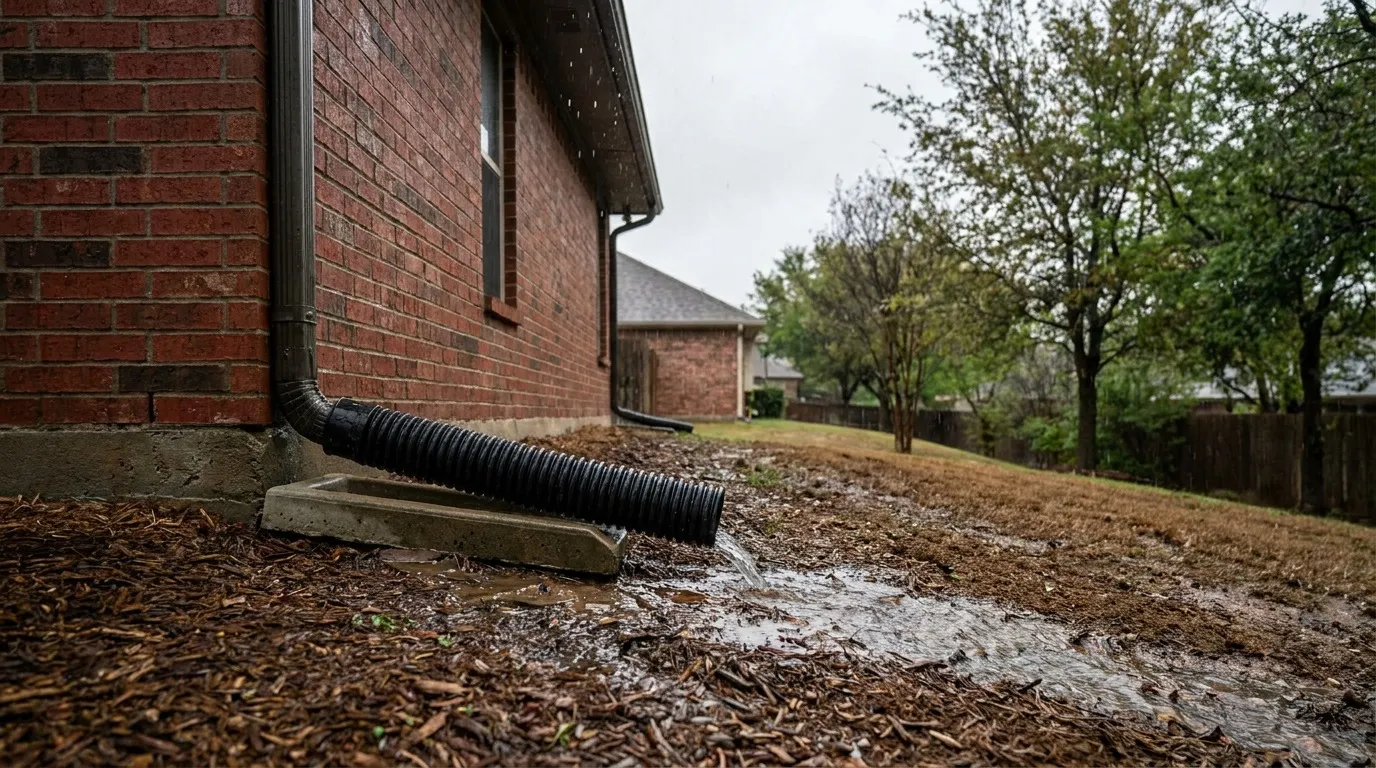 Downspout extension carrying roof runoff away from a Denton home foundation on graded soil