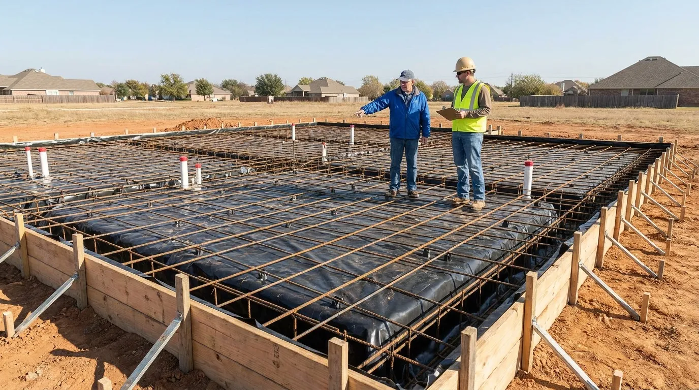 Homeowner and contractor inspecting foundation slab forms and rebar before a pour in Denton TX