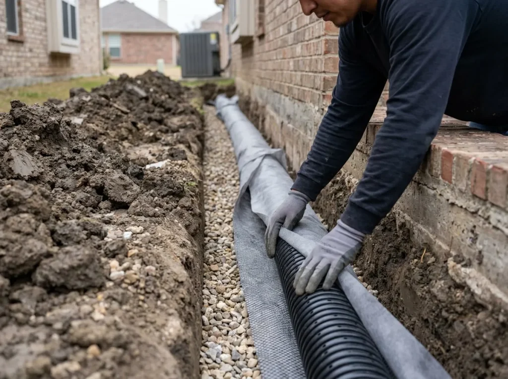 French drain of perforated pipe in gravel being installed beside a Denton home foundation