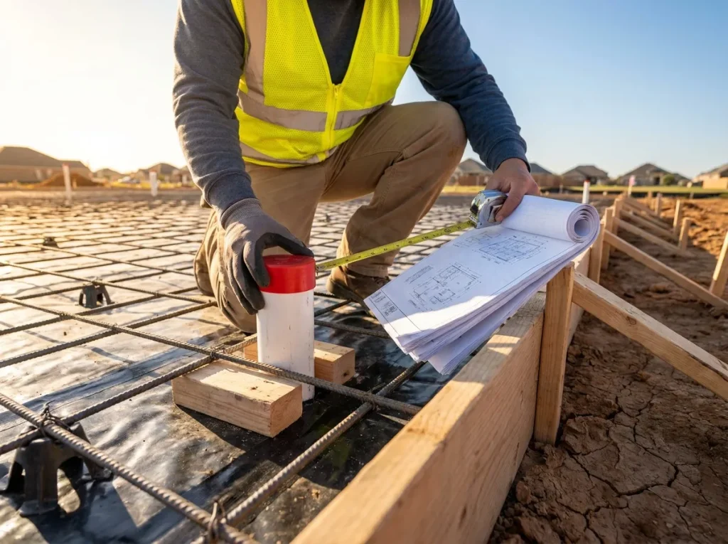 Contractor checking a capped plumbing stub-up against the plan on a Denton slab before the pour