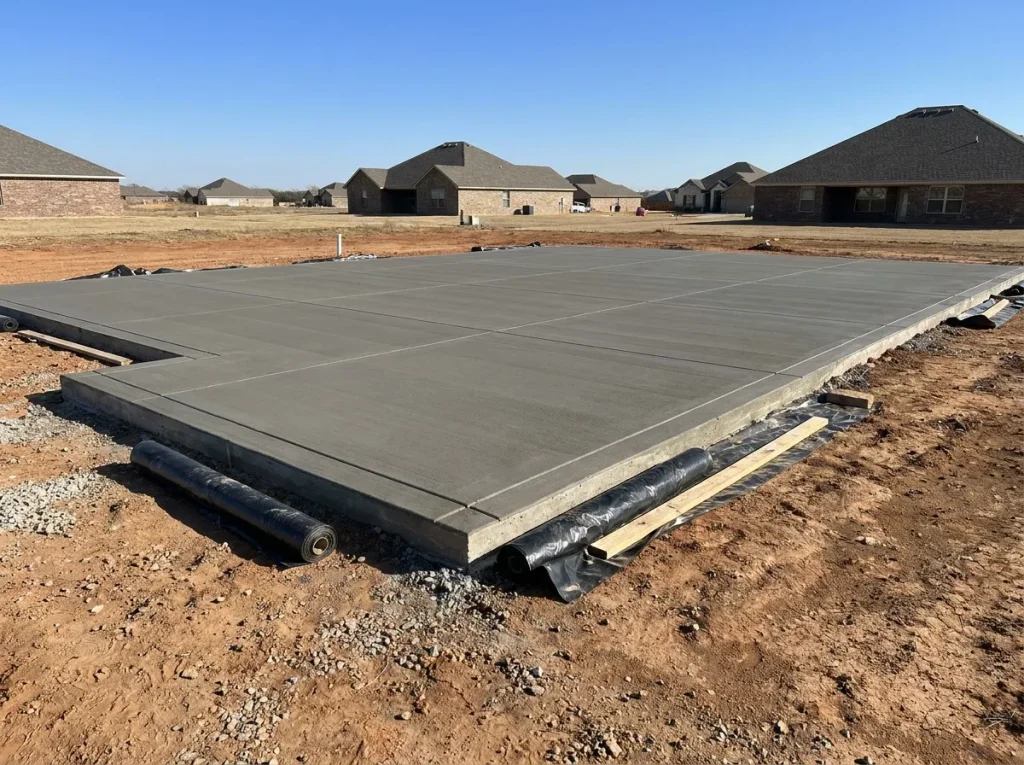 Cured foundation slab a week after pour, protected before framing begins in Denton