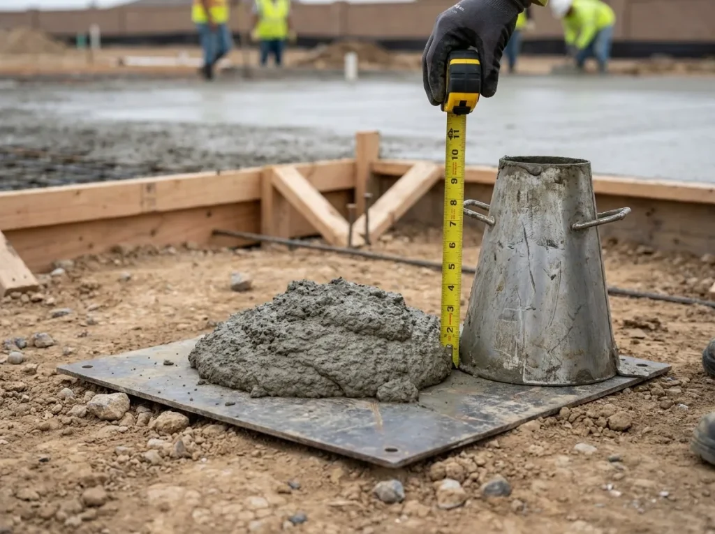 Slump test being performed on fresh concrete at a Denton slab pour to verify the mix
