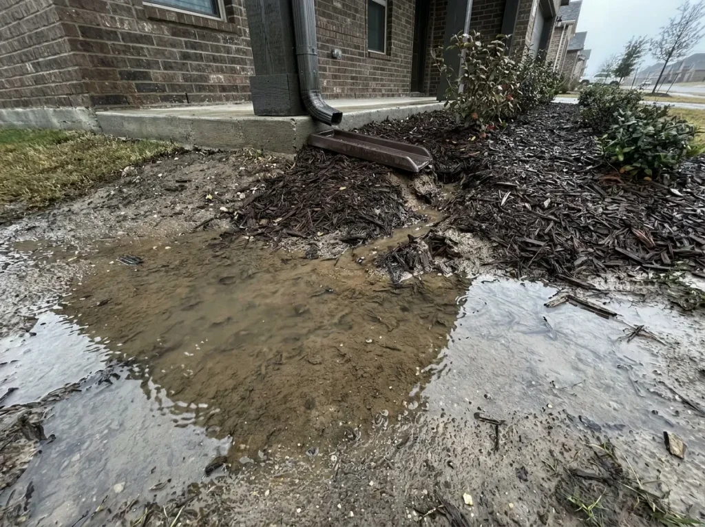 Standing water pooled against a home foundation after rain signaling a Denton drainage problem